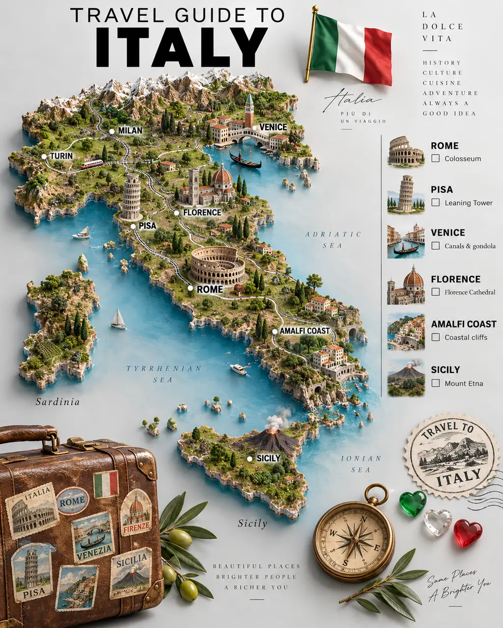 标题为 TRAVEL GUIDE TO ITALY 的旅行海报:立体地形版意大利地图,罗马、比萨、威尼斯、佛罗伦萨、阿马尔菲海岸和西西里的微缩地标,旁边是城市打卡清单、贴满贴纸的旅行箱和指南针。