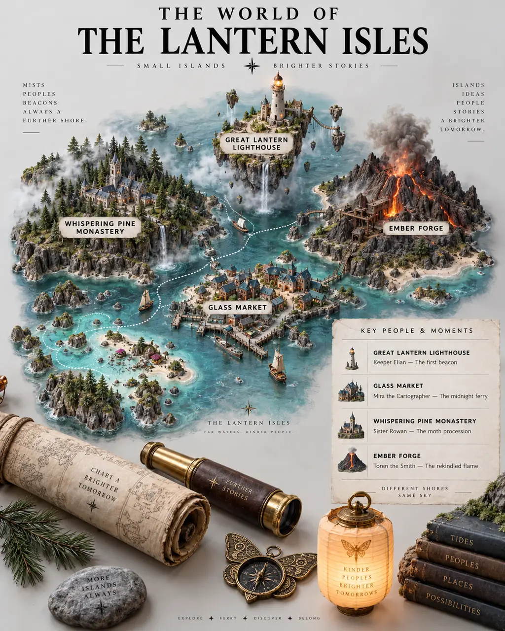 奇幻世界海报 THE WORLD OF THE LANTERN ISLES：立体群岛地图上有灯塔、港口小镇、修道院和火山，航线相连，周围漂浮着道具，旁边是地点清单。