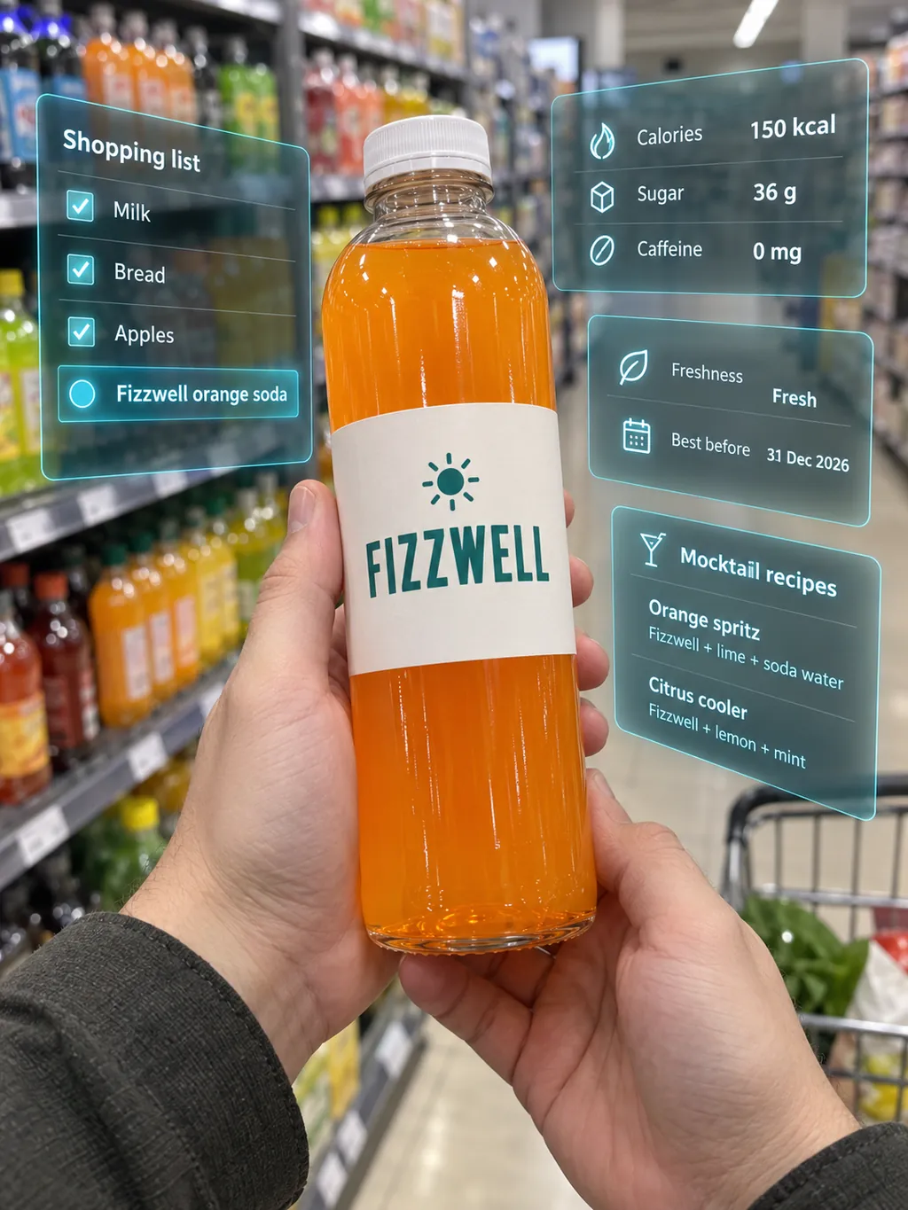 超市货架间的第一人称视角：双手拿着一瓶 FIZZWELL 橙味汽水，周围悬浮着 AR 面板，显示购物清单、营养信息、新鲜度、保质期和无酒精饮品配方。