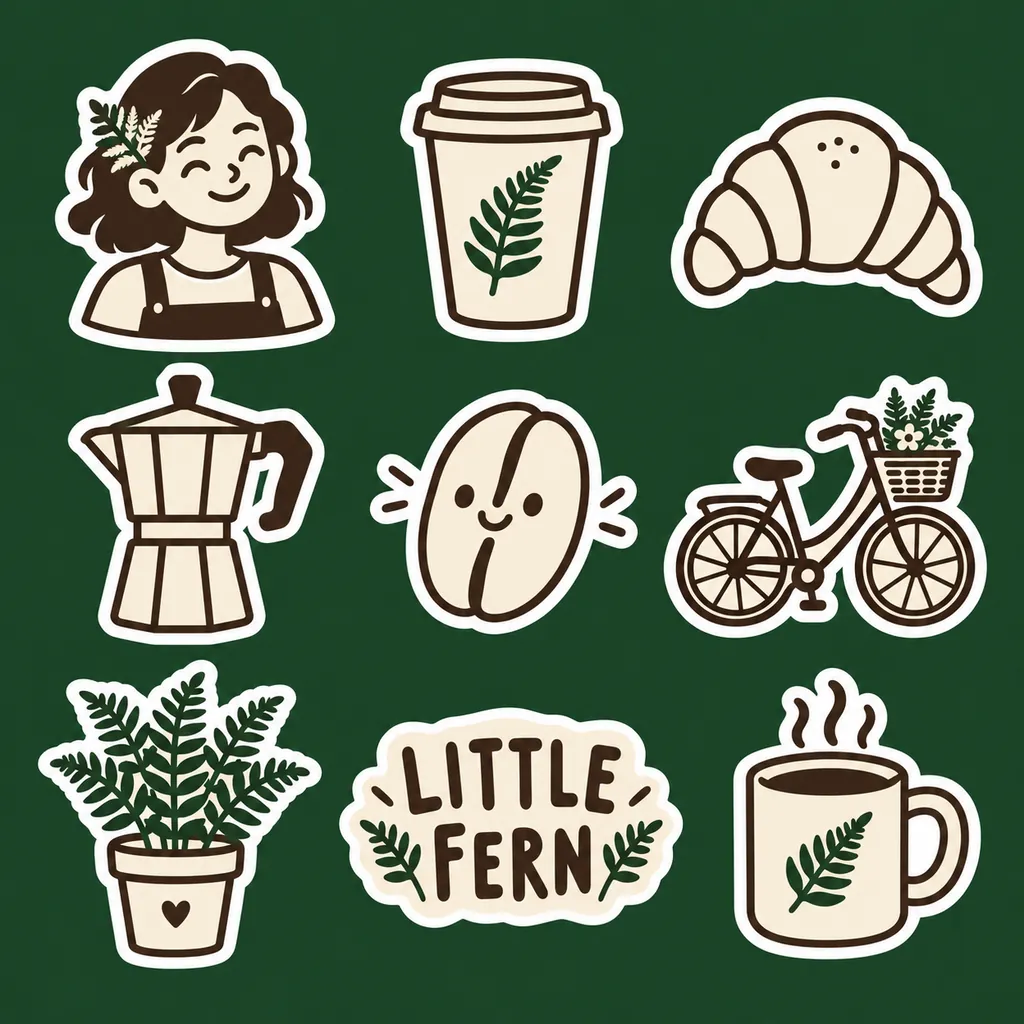 深绿底上的九枚奶油色线描贴纸，属于一家叫 Little Fern 的咖啡馆：微笑的咖啡师、外带杯、可颂、摩卡壶、咖啡豆、自行车、盆栽蕨类、店名字标和马克杯。